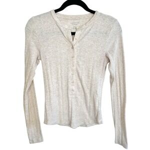 American Eagle Ribbed Henley Long Sleeve Top Small Oatmeal Button Front Soft